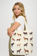 HORSE PRINT TOTE BAG WITH POCKETS